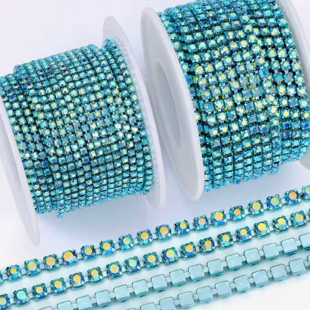 Aquamarine AB Stone On Aquamarine Coloured Chain, (Sold by Yard) Sundaylace Creations & Bling