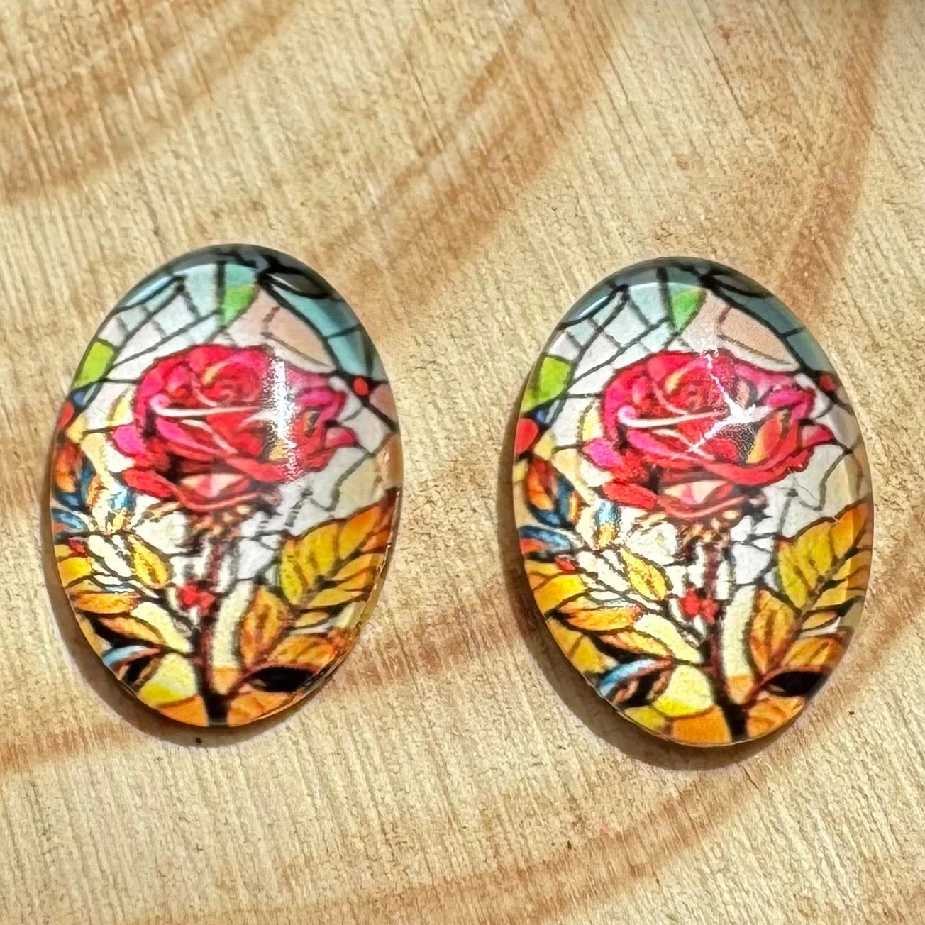 13*18mm Stained Glass Florals Oval, Glue On, Resin Gems (Sold in Pair) Sundaylace Creations & Bling