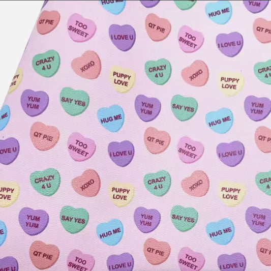 21*29cm Candy Hearts On Pink Background Sheets, Long Leatherette Sheets Leatherette