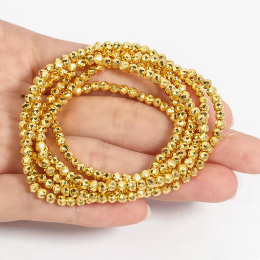 3mm Gold Faceted Bicone Glass Beads On String, (165pcs) Bicone/Rondelle