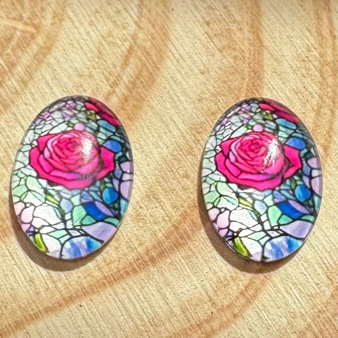 13*18mm Stained Glass Florals Oval, Glue On, Resin Gems (Sold in Pair) Sundaylace Creations & Bling