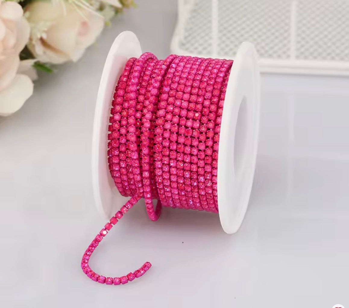 Ss6 Opal AB Hot Pink Stone on Magenta Coloured Metal Rhinestone Chain Sundaylace Creations & Bling