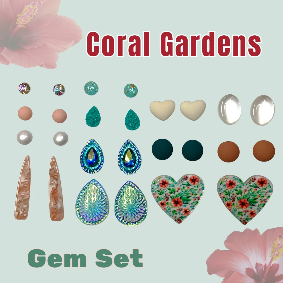 "Coral Gardens" Teal & Coral Glass/Resin Cabs Gem Set 13 Gems Sets, Promotions Resin Gems