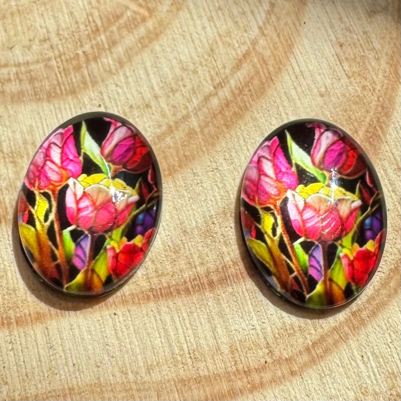 13*18mm Stained Glass Florals Oval, Glue On, Resin Gems (Sold in Pair) Sundaylace Creations & Bling