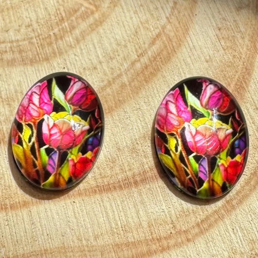 13*18mm Stained Glass Florals Oval, Glue On, Resin Gems (Sold in Pair) Sundaylace Creations & Bling