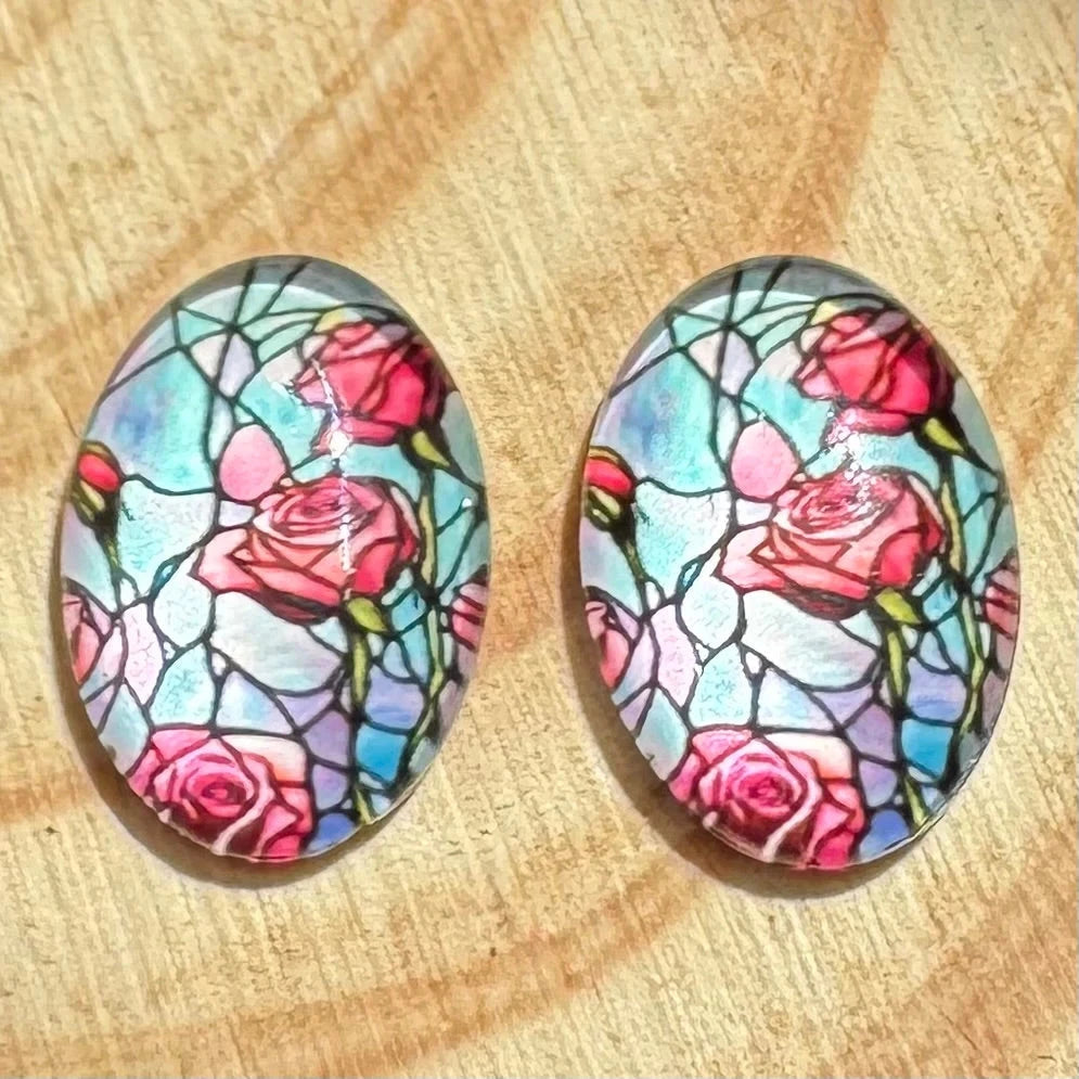 13*18mm Stained Glass Florals Oval, Glue On, Resin Gems (Sold in Pair) Sundaylace Creations & Bling