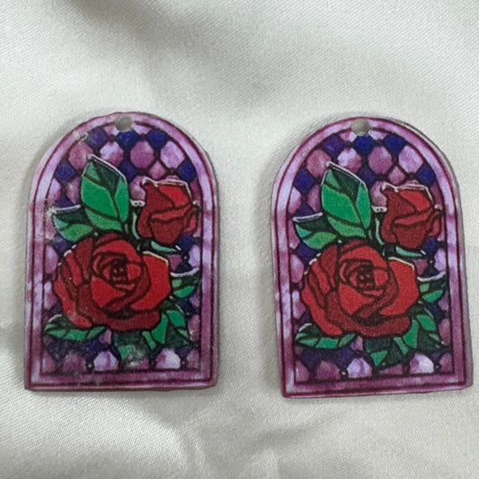 28*40mm Red Roses on Pink Checkered Stain Glass  Acrylic Gem, Sew on,  Large Acrylic Resin Gem (Sold in Pair) (Vintage) Resin Gems