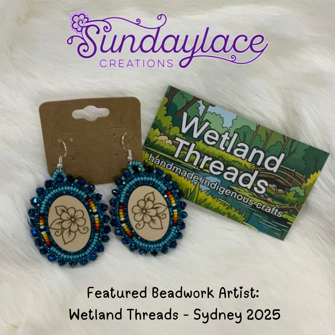 Dark Blue with Wooden Floral Cab Beauties on Hooks, Beaded Earring, Beadwork Beadwork