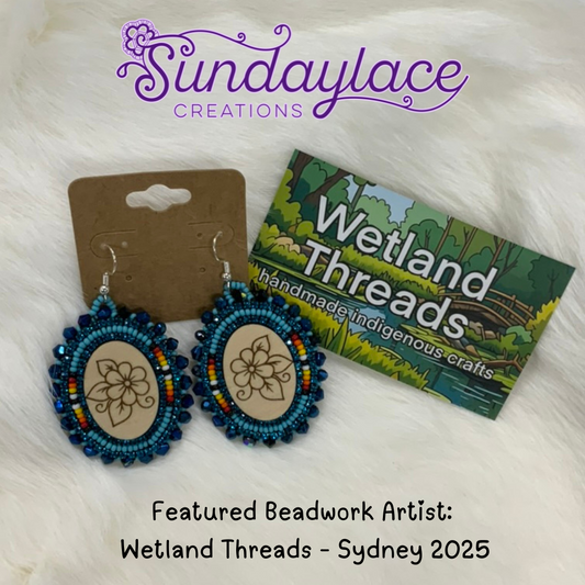 Dark Blue with Wooden Floral Cab Beauties on Hooks, Beaded Earring, Beadwork Beadwork