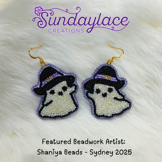 35mm Witchy Ghosts with Charlotte Beads on Hooks, Beaded Earring Beadwork Beadwork