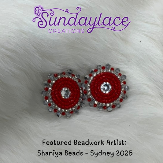 30mm Christmas Red Beaded Studs with Bicons, Beaded Earring Beadwork Beadwork