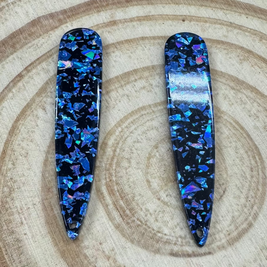 11*55mm Blue Flakes Glitter Flakes on Black Long Teardrop Large One Hole, Sew On, Resin Gem, (Sold in Pair) Resin Gems
