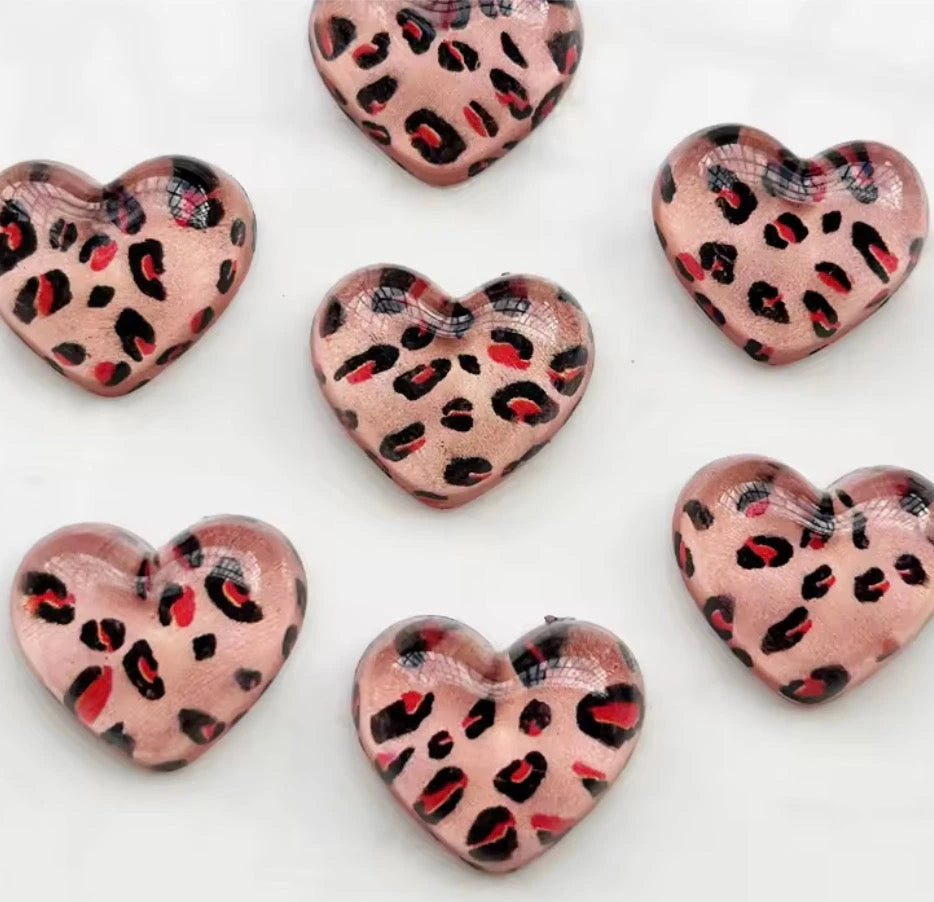 17*20mm Pink Leopard Heart, Glue On, Resin Gem (Sold In Pair) Sundaylace Creations & Bling