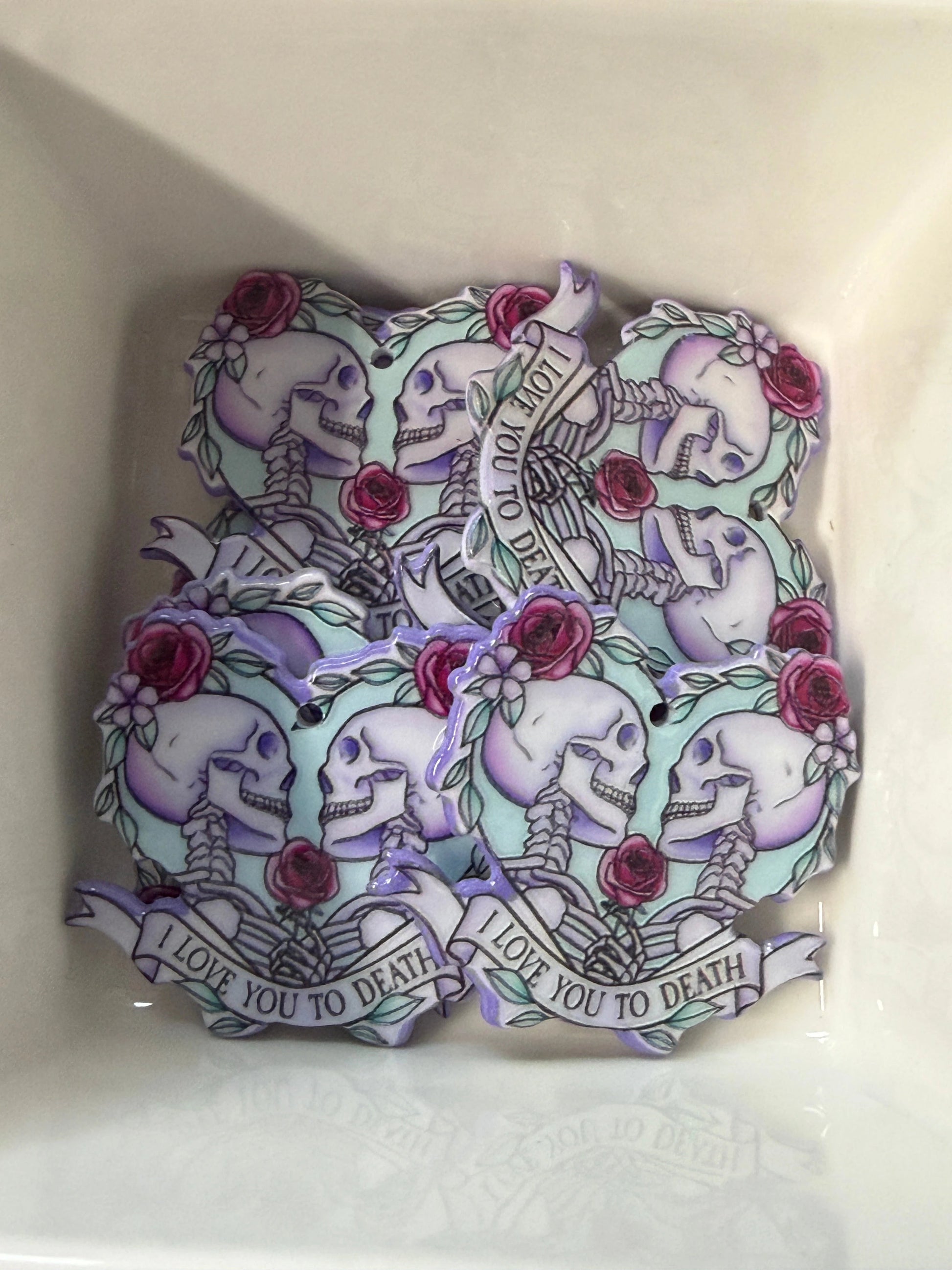 32*34mm "I Love you to Death" Skull, Double Sided, Glue on, Resin Gem (Sold In Pair) Resin Gems