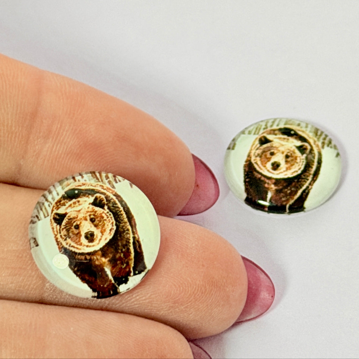 16mm Bear in walking Snow Acrylic Printed Circle, Glue on, Resin Gem (Sold in Pair) Resin Gems