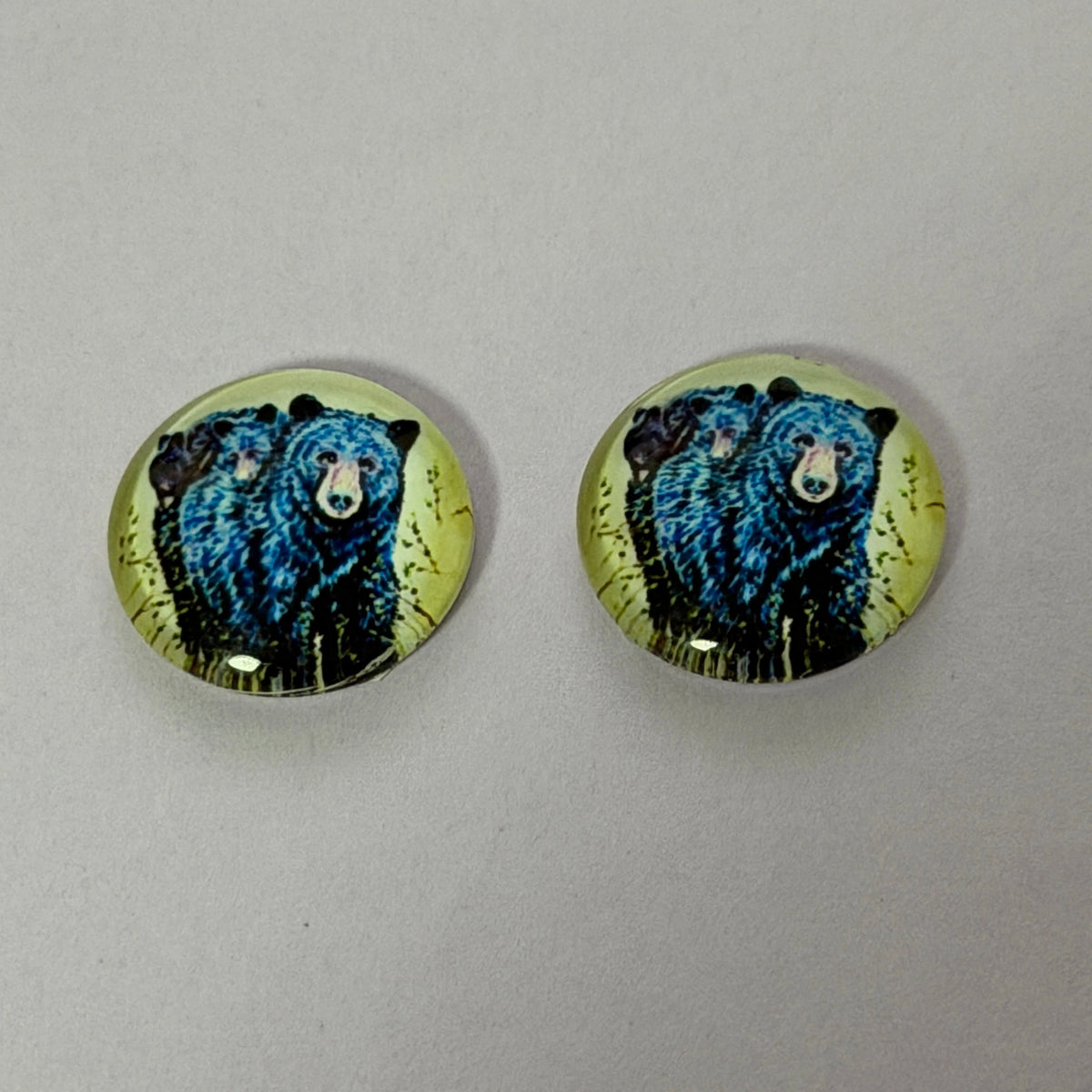 16mm Blue Black Mama Bear with cub Acrylic Printed Circle, Glue on, Resin Gem (Sold in Pair) Resin Gems