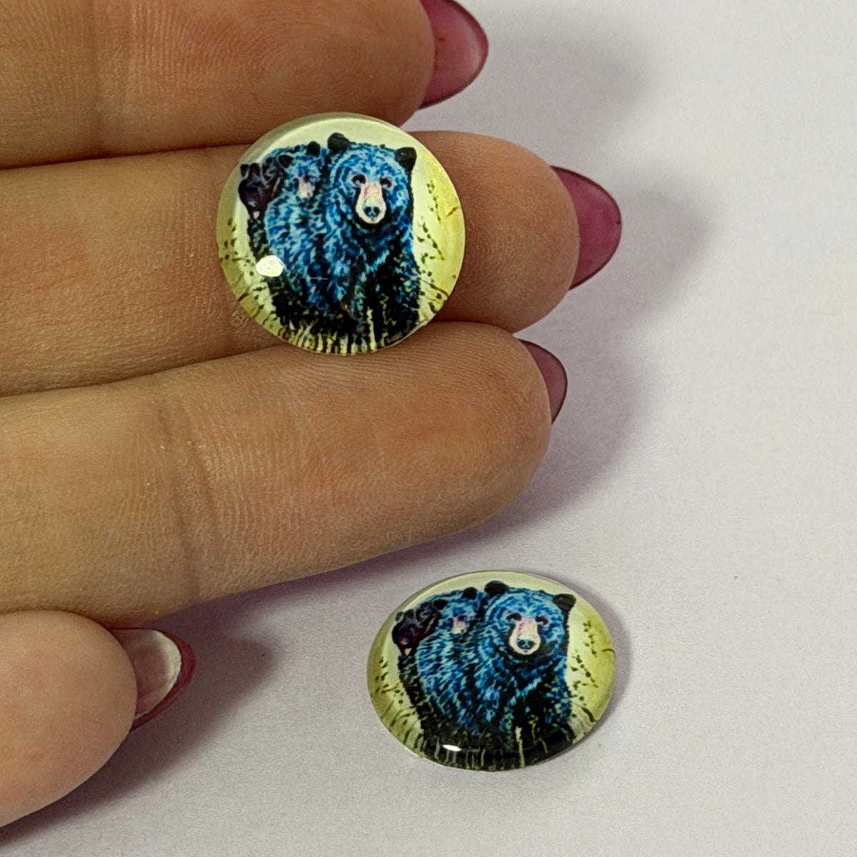 16mm Blue Black Mama Bear with cub Acrylic Printed Circle, Glue on, Resin Gem (Sold in Pair) Resin Gems