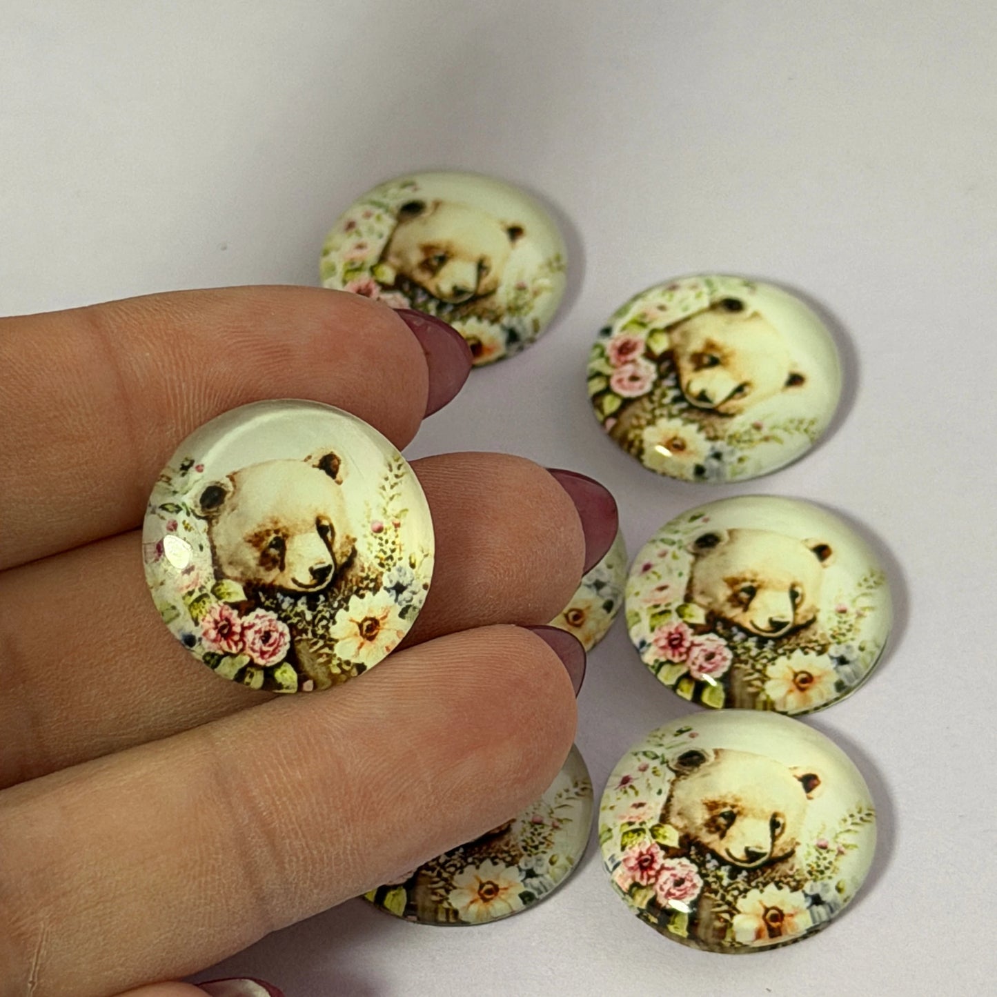 20mm Bear in Flower Garden Acrylic Printed Circle, Glue on, Resin Gem (Sold in Pair) Resin Gems