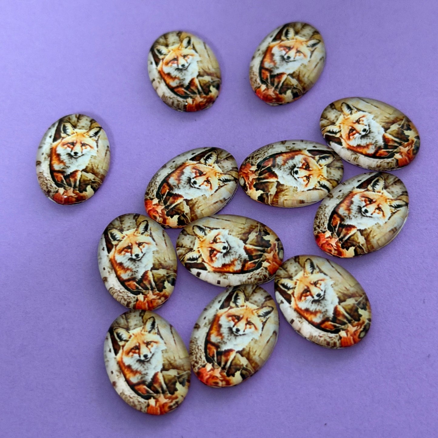 13*18mm Curious Fox in Woods Acrylic Printed Oval, Glue on, Resin Gem (Sold in Pair) Resin Gems