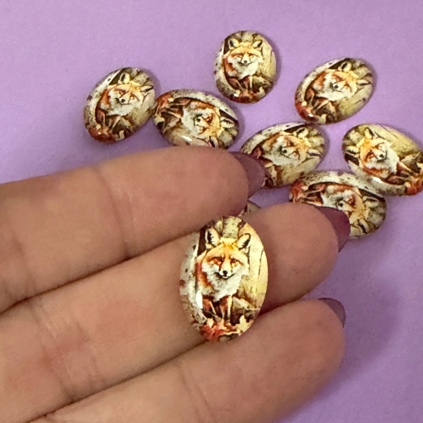 13*18mm Curious Fox in Woods Acrylic Printed Oval, Glue on, Resin Gem (Sold in Pair) Resin Gems