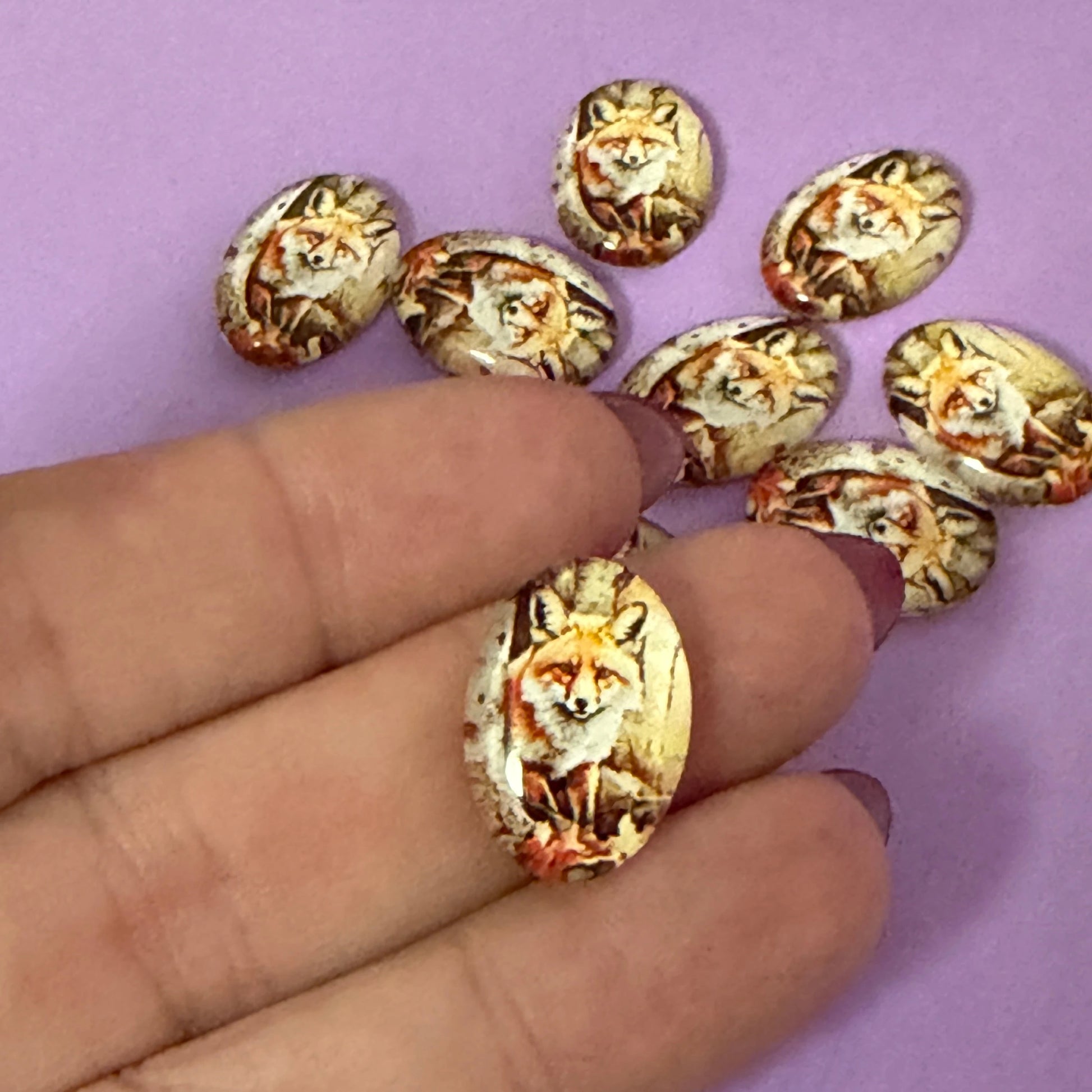 13*18mm Curious Fox in Woods Acrylic Printed Oval, Glue on, Resin Gem (Sold in Pair) Resin Gems