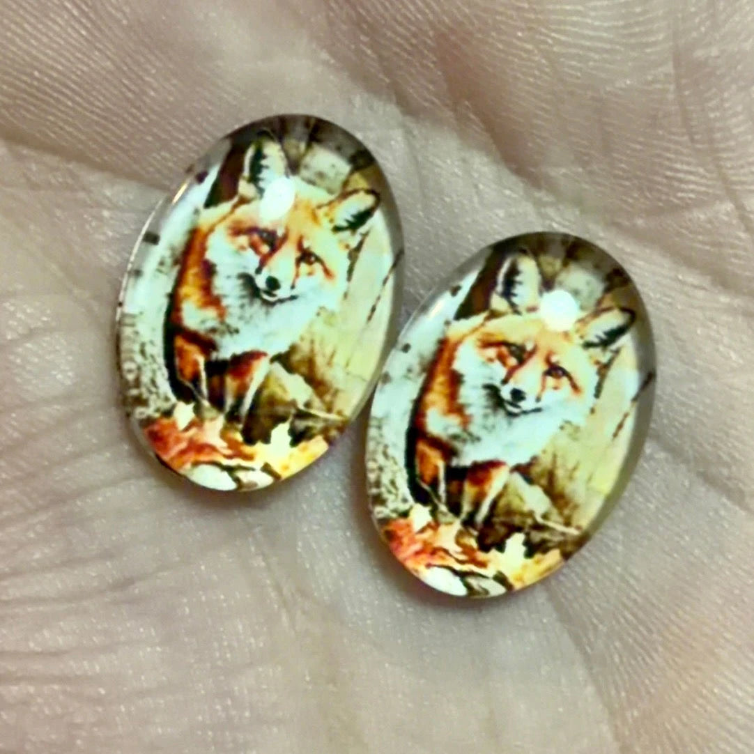 13*18mm Curious Fox in Woods Acrylic Printed Oval, Glue on, Resin Gem (Sold in Pair) Resin Gems