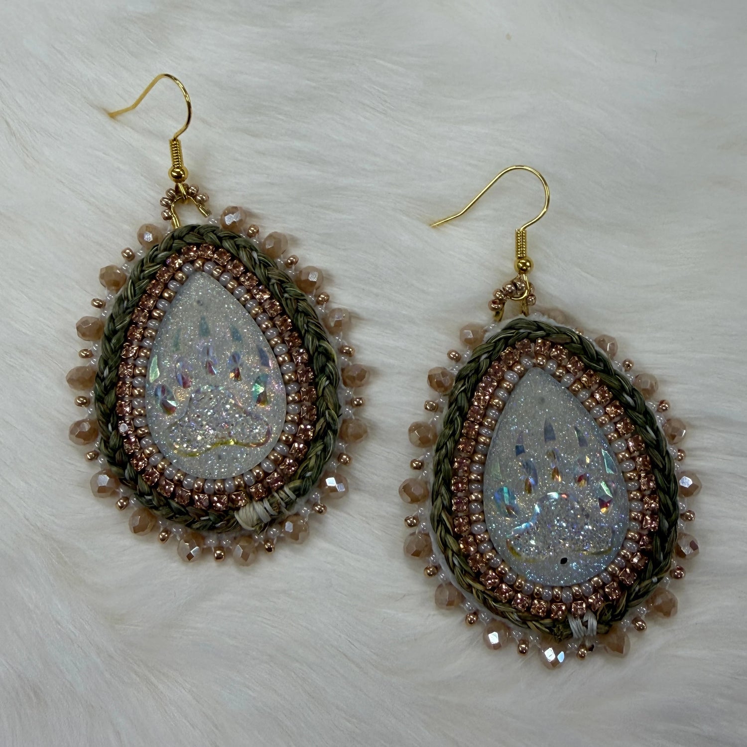Sweetgrass Bear AB Teardrop Hook Earrings, Beaded Earring, Beadwork Beadwork