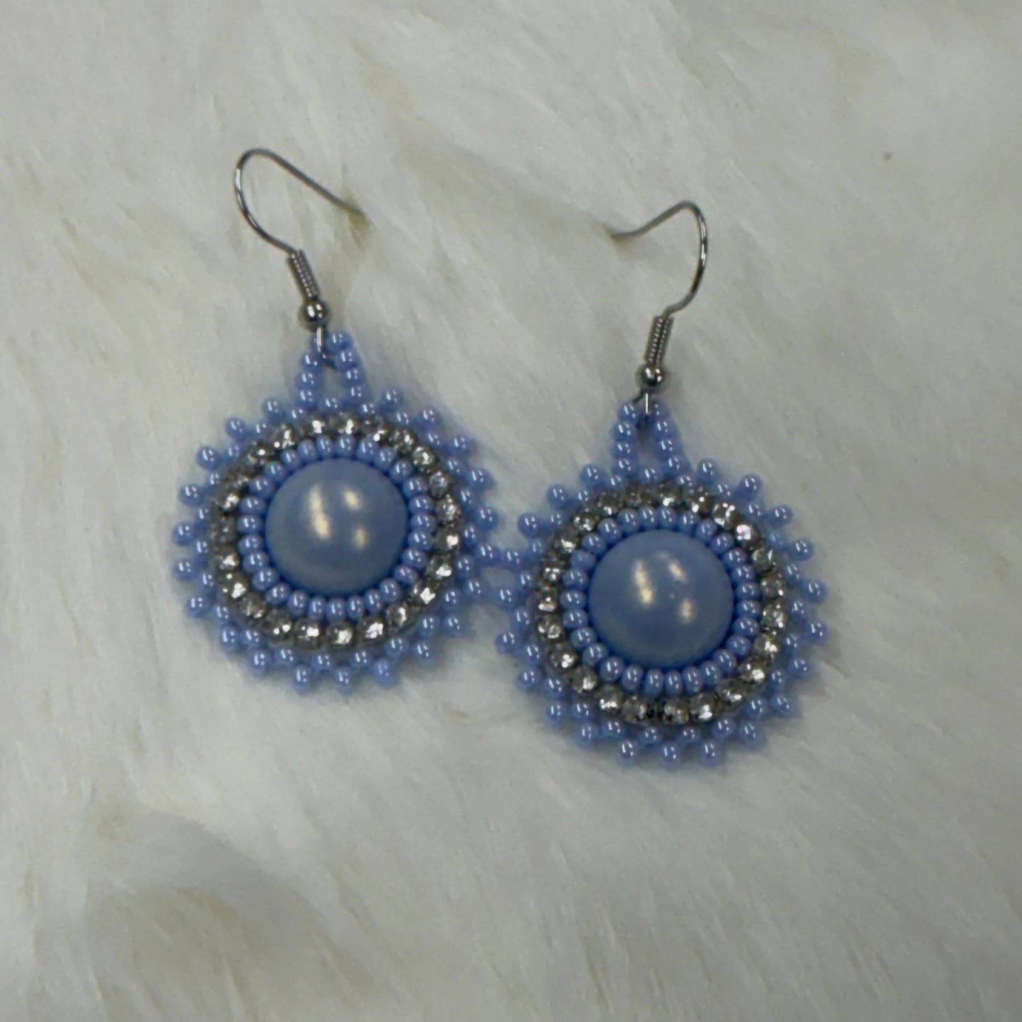Mini Light Pearl Blue on Hook Earrings, Beaded Earring, Beadwork Beadwork