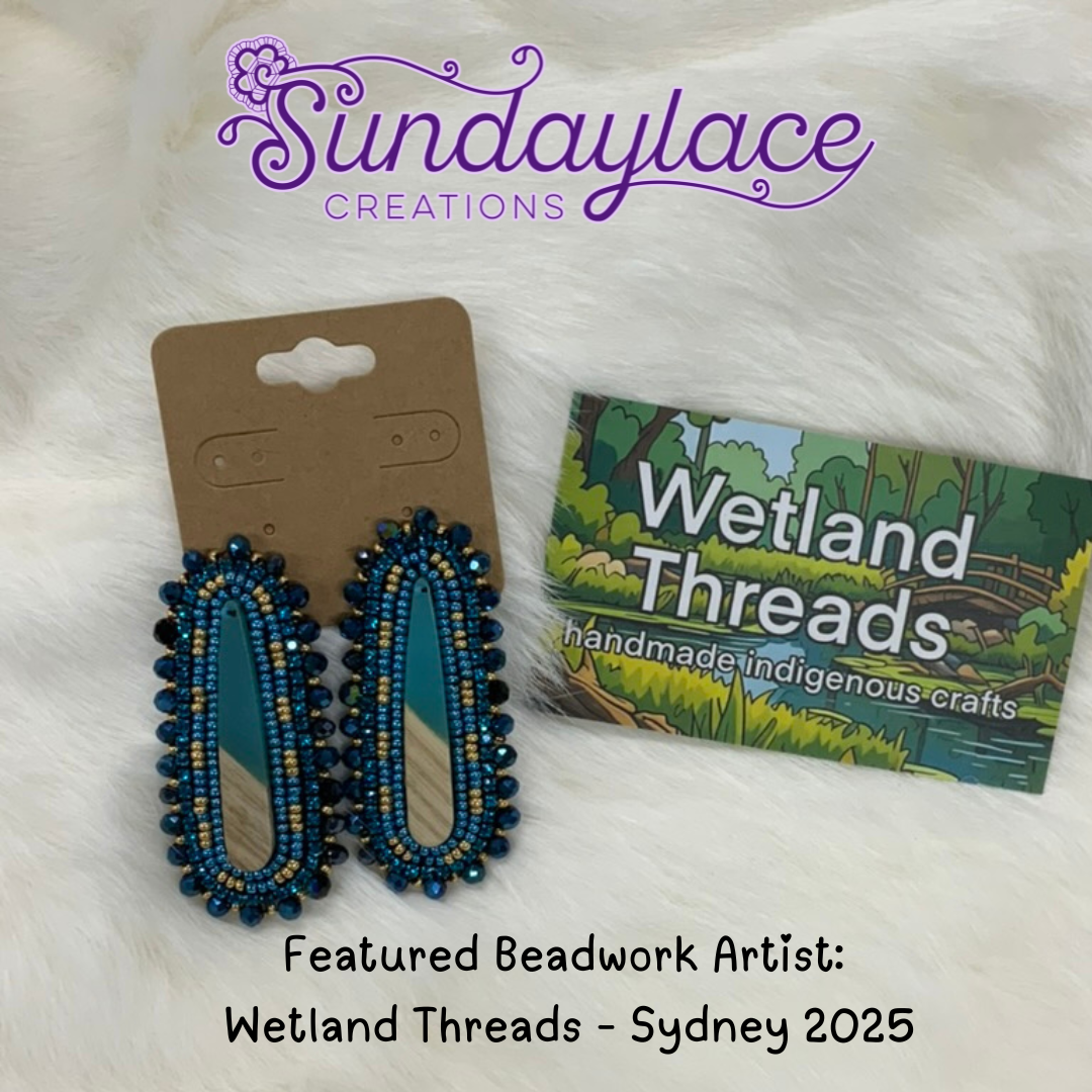 Teal Blue with Wood Acrylic Cab on Leverback, Beaded Earring, Beadwork Beadwork