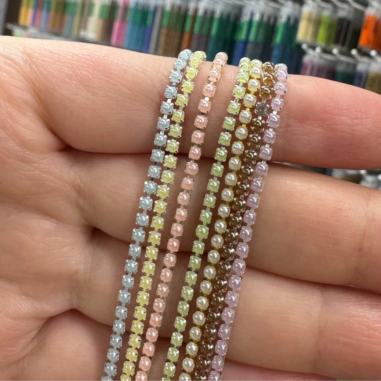 "Mama Needs New Pearls" Rhinestone Chain Set (7 colours x 1 yard) SS6 Metal Rhinestone Chain