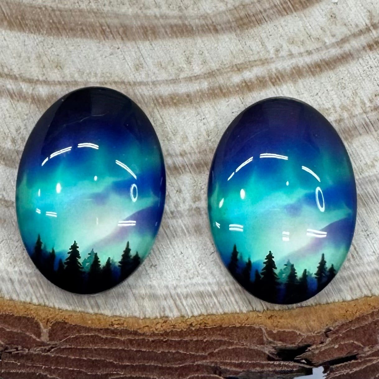 25*18mm Blue Background Forest Aurora Borealis Oval Acrylic Oval, Glue On, Resin Gem (Copy) Sundaylace Creations & Bling