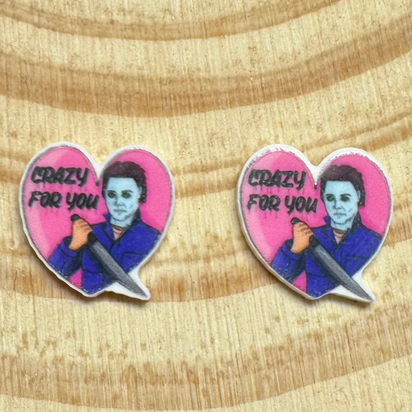 15mm Micheal Myers Shaped Pink HALLOWEEN Heart, Glue on, Resin Gem, (Sold in Pair) Resin Gems