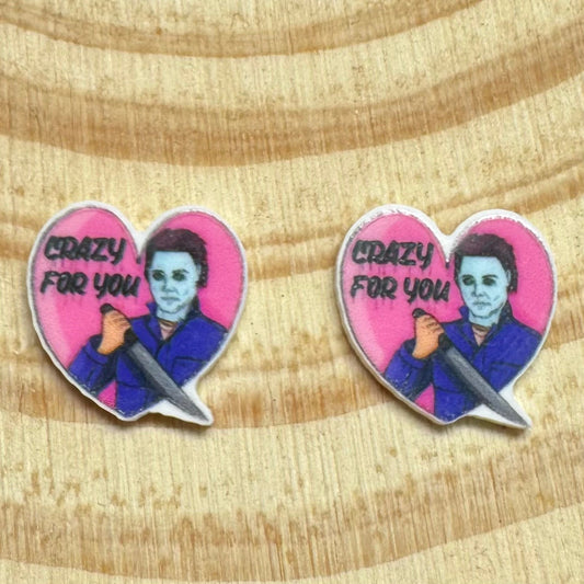 15mm Micheal Myers Shaped Pink HALLOWEEN Heart, Glue on, Resin Gem, (Sold in Pair) Resin Gems