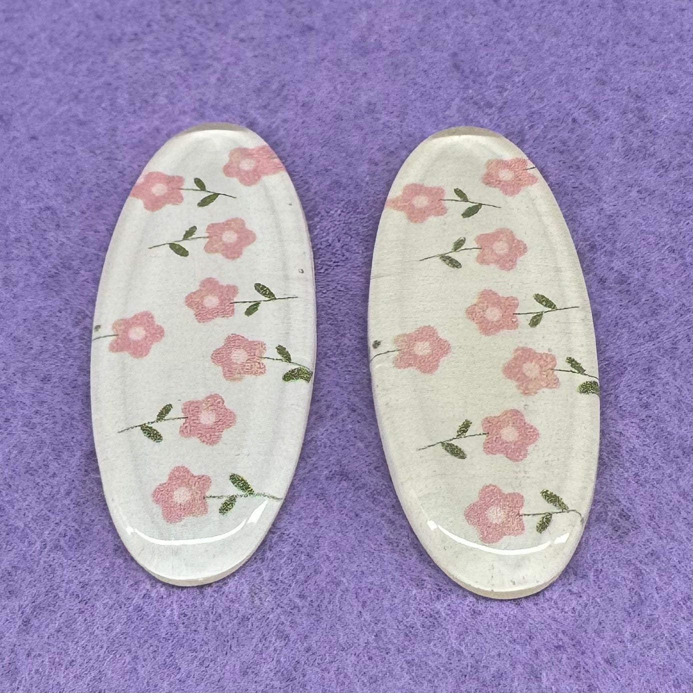 40*18mm (Colour) Long Oval With Floral Pattern, Glue On, Resin Gem (Sold in Pair) Resin Gems