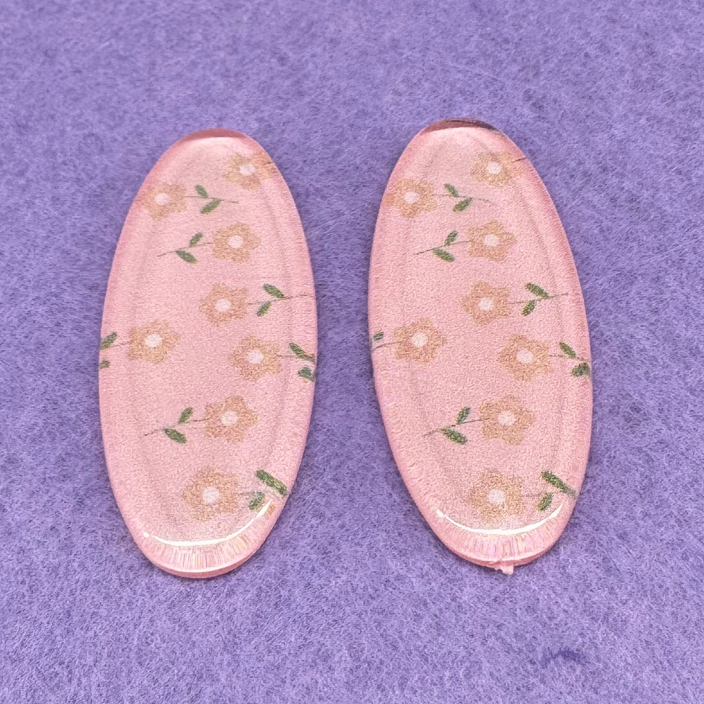 40*18mm (Colour) Long Oval With Floral Pattern, Glue On, Resin Gem (Sold in Pair) Resin Gems