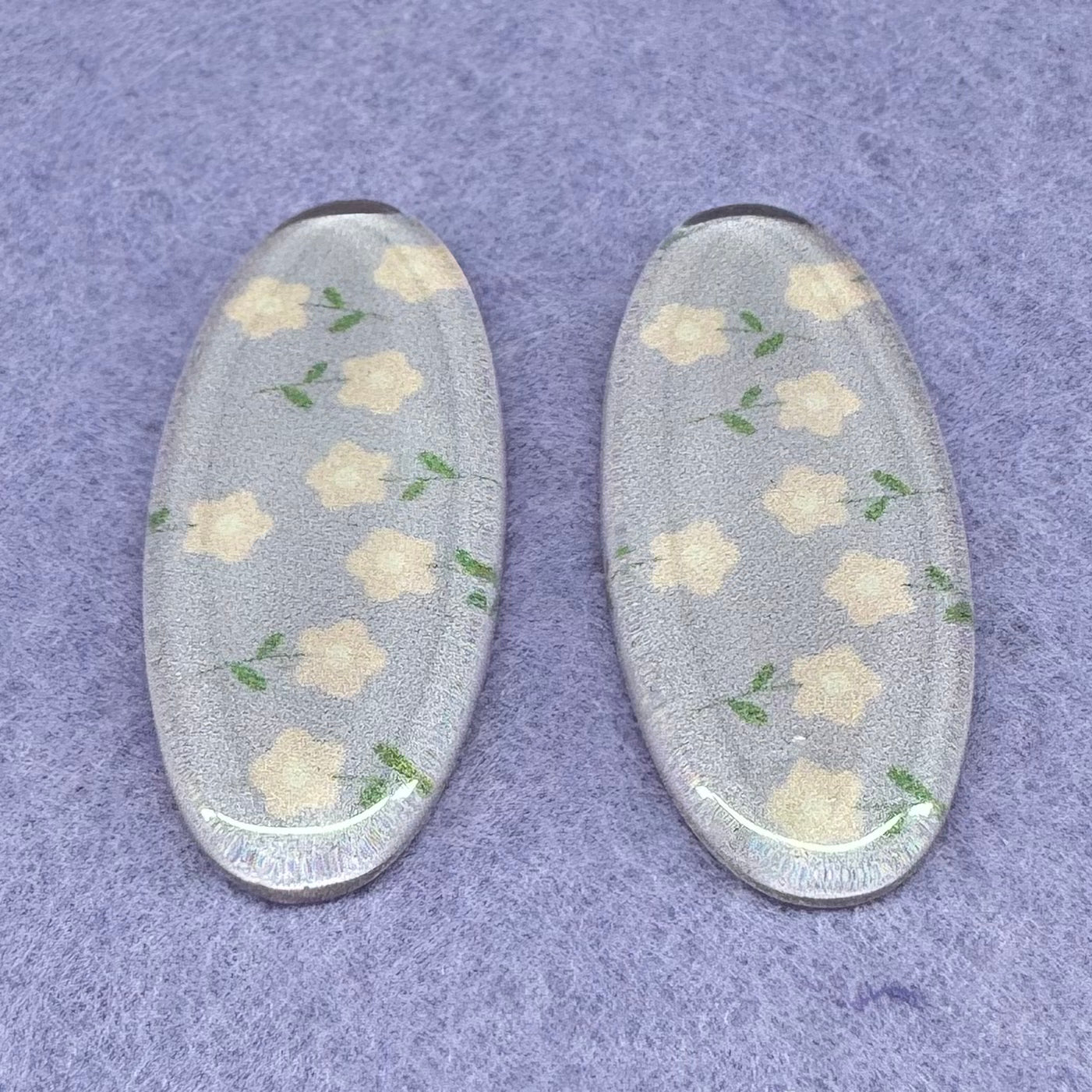 40*18mm (Colour) Long Oval With Floral Pattern, Glue On, Resin Gem (Sold in Pair) Resin Gems