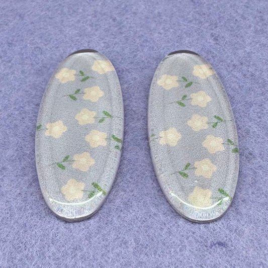 40*18mm (Colour) Long Oval With Floral Pattern, Glue On, Resin Gem (Sold in Pair) Resin Gems