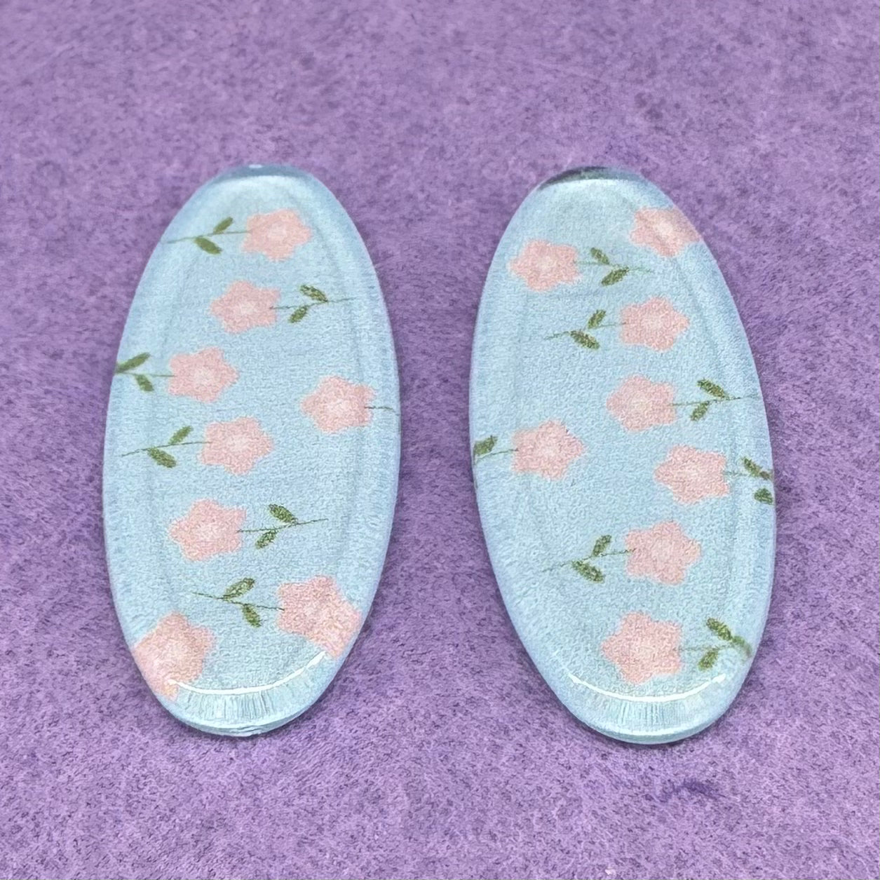 40*18mm (Colour) Long Oval With Floral Pattern, Glue On, Resin Gem (Sold in Pair) Resin Gems