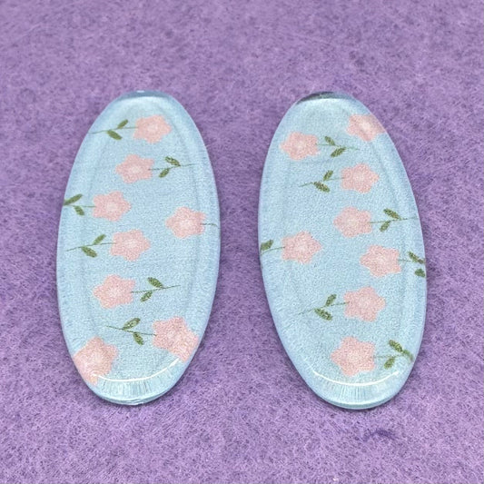 40*18mm (Colour) Long Oval With Floral Pattern, Glue On, Resin Gem (Sold in Pair) Resin Gems
