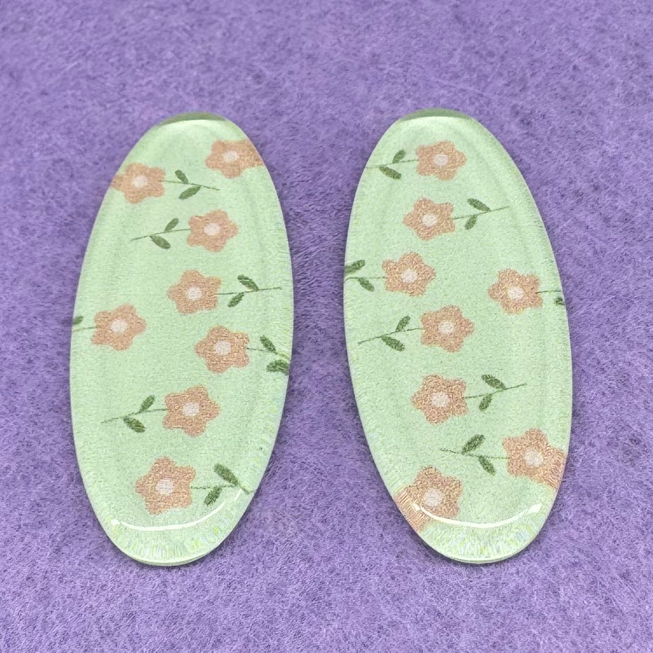 40*18mm (Colour) Long Oval With Floral Pattern, Glue On, Resin Gem (Sold in Pair) Resin Gems