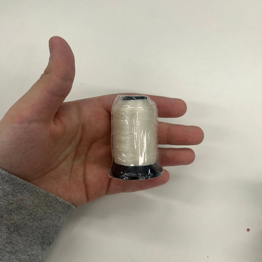 Hand holding a spool of thread against a white background