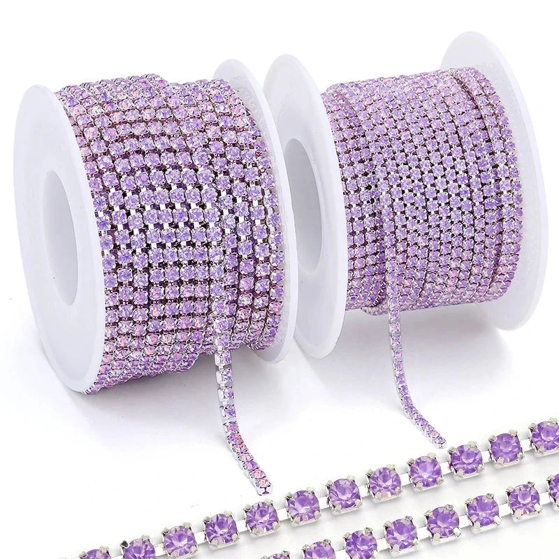 Ss6 Opal Violet Flame Stone on Silver Coloured Metal Rhinestone Chain Sundaylace Creations & Bling