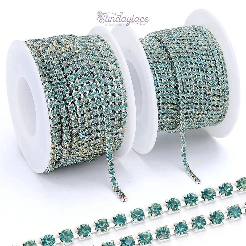 Ss6 Opal Sage Green Stone on Silver Coloured Metal Rhinestone Chain Sundaylace Creations & Bling