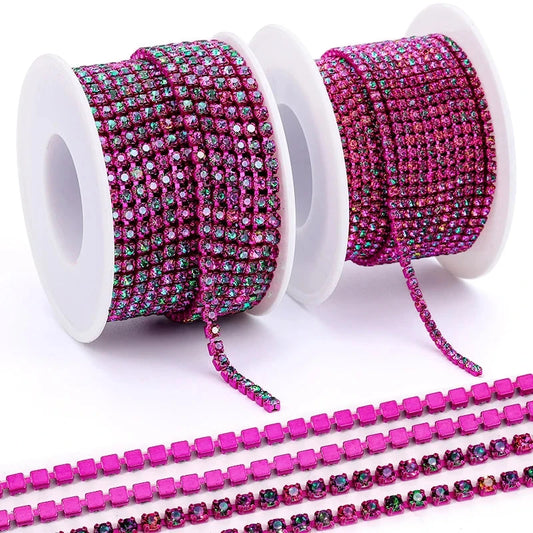 Ss6 Green/Pink Flame Stone on Fuchsia Coloured Metal Rhinestone Chain Sundaylace Creations & Bling