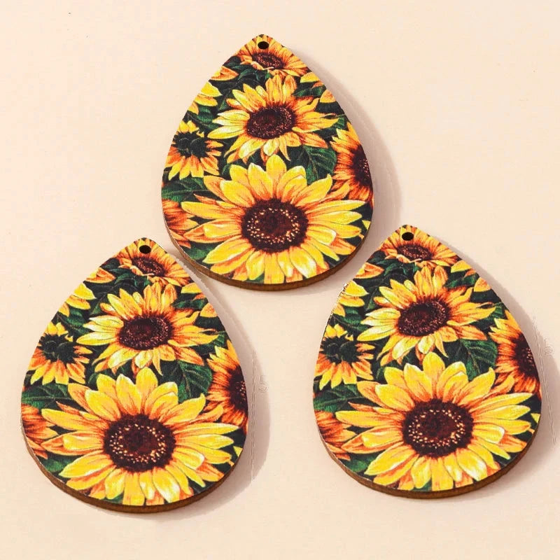 40*60mm Sunflower Print Wooden Teardrop, Sew on, Wood Gems (Sold in Pair) Resin Gems