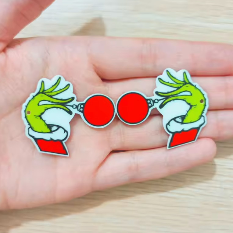 30mm "Grinchy Fingers with Red Ornament" Christmas Printed on Acrylic, Sew on, Resin Gems (Sold in Pair)