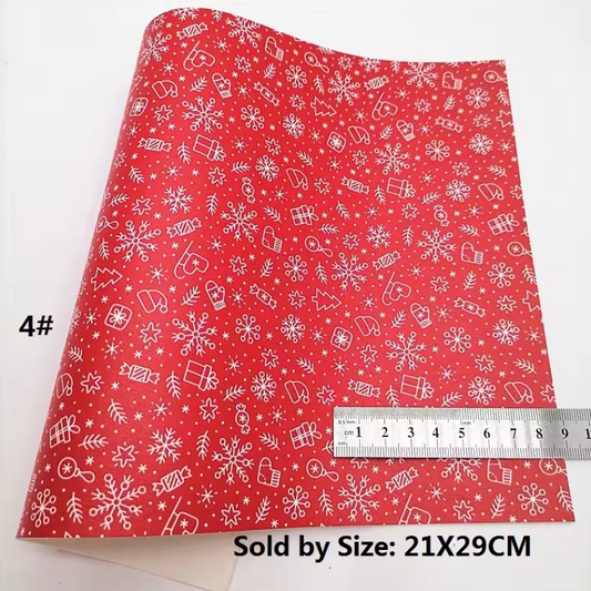 21*29cm White Snowflakes on Red Leather Smooth Long Leatherette Sheet