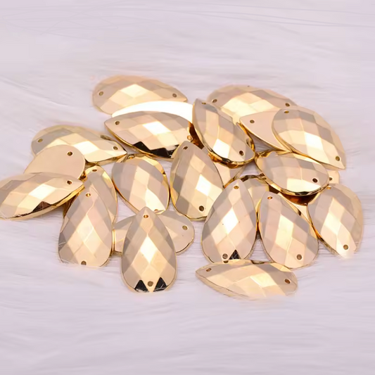 18*25mm Light Gold Metallic Checkered Teardrop, Glue on, Resin Gem (Sold in Pair)