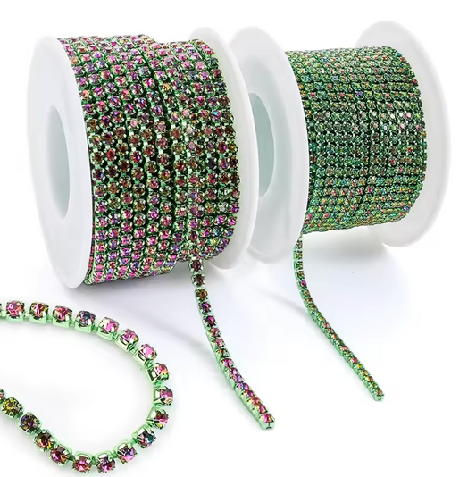 Ss6 Watermelon Pink Stone on Green Coloured Metal Rhinestone Chain (Sold in 36")