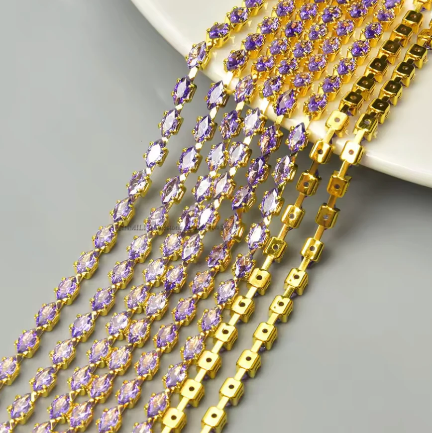 3*6mm Purple Navette DIAMOND STONE with Gold Rhinestone Fancy Metal Chain, Sold in 36" *RARE* Sundaylace Creations & Bling